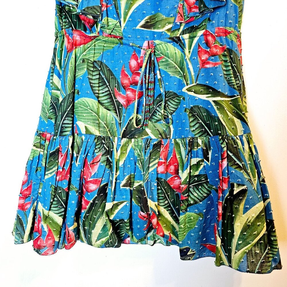 Farm Rio Dream Garden Floral Mini Lined Dress Swiss Dot Beaded Tassles, Sz XS - Picture 5 of 12